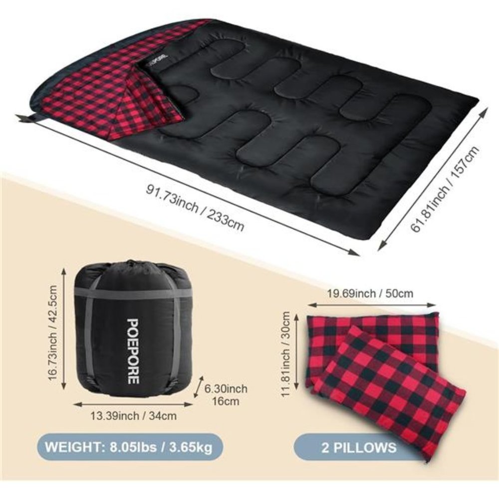 Adults Double Sleeping Bag Flannel with 2 Pillows - Picture 2 of 6